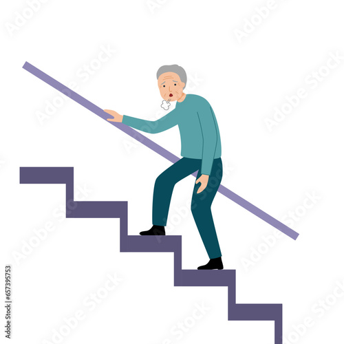 Senior man goes up the stairs with short of breath.