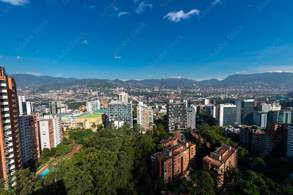 Medellin, Antioquia, Colombia. May 3, 2023: Landscape with buildings and blue sky in the town.