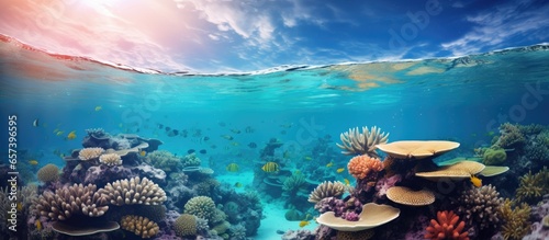 Vibrant coral reef with fish in tropical sea bubbly underwater scenery With copyspace for text