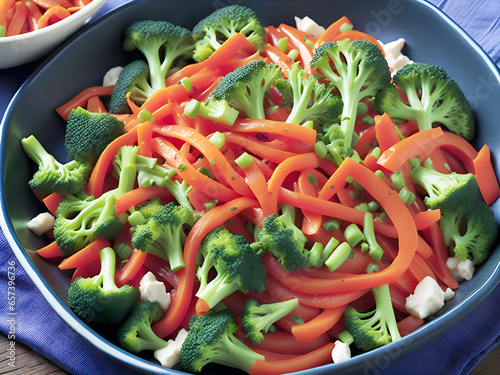 Create a vibrant and colorful dish by incorporating a variety of vegetables such as bell peppers, carrots, broccoli, mushrooms, and snow peas. Generative AI