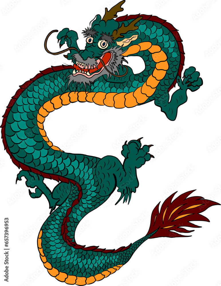 Obraz premium Japanese red dragon tattoo.Dragon on red background for Chinese New Year.Gold Chinese Dragon vector.Gold line art King Dragon tattoo.cartoon vector for t-shirt.