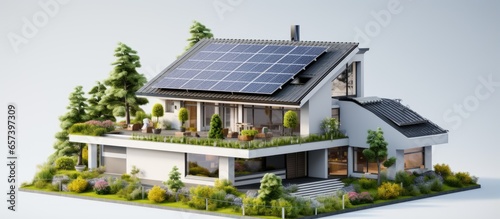 Sloped roof house equipped with solar panels battery and recycling system