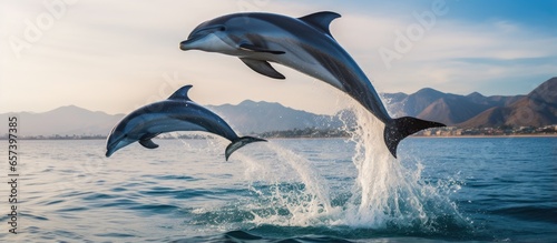 Dolphins frolic near Dana Point California in the ocean With copyspace for text photo