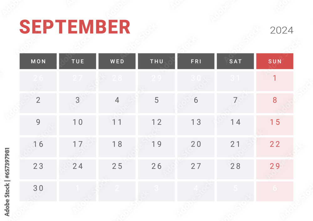 Monthly page Calendar Planner Templates of September 2024. Vector layout of simple calendar with week start Monday for print. Page for size A4 or 21x29.7 cm Monthly page Calendar Planner Templates of September 2024. Vector layout of simple calendar with week start Monday for print. Page for size A4 or 21x29.7 cm