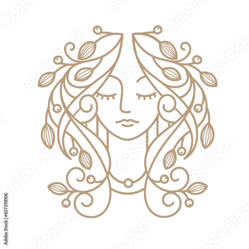 mono line girl face with floral vector illustration