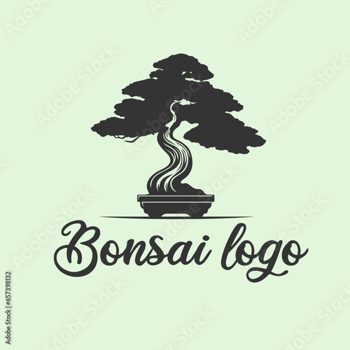 Japanese bonsai tree logo, black plant silhouette icons on white background