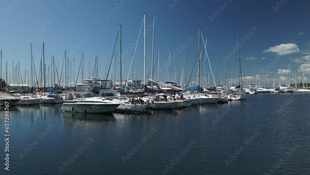 Wide shot of Toronto sailboat marina and view of Alexandra Yacht Club Wide shot of Toronto sailboat marina and view of Alexandra Yacht Club
