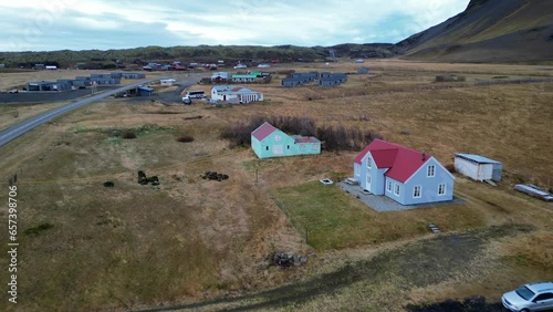 A bird's-eye view of a small village and traditional houses in Skeidararsandur, Iceland photo