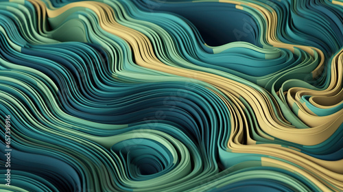Wave Pattern With Curving Lines in Shades of Green and Blue Background