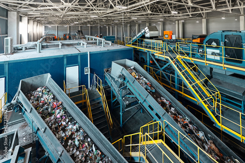 Trash transported by conveyor in recycling plant workshop photo