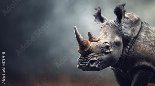 Close-up of an amazing male rhino with textured background and space for text, AI generated photo