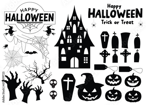 Halloween silhouette vector set design. Happy halloween text and trick or treat greeting with black shadow horror decoration elements. Vector illustration creepy, spooky and scary silhouette 