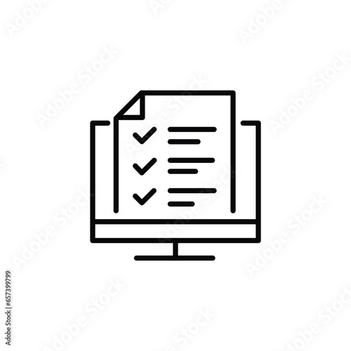 Desktop computer with digital questionnaire flat line icon. Vector thin sign of online test results, education logo. Survey line illustration.