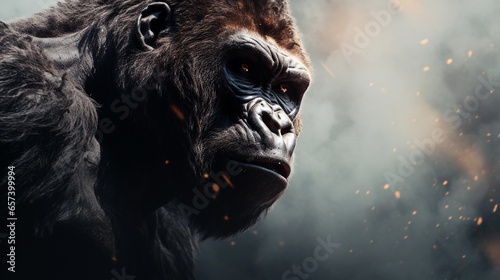 Close-up of mighty gorilla with textured background and space for text, background image, AI generated