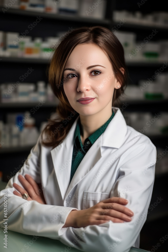 Portrait of a beautiful young female pharmacist in a pharmacy.