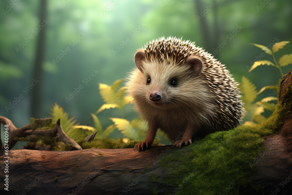 Fototapeta premium Image of a hedgehog in the forest, Wildlife Animals., Generative AI, Illustration.