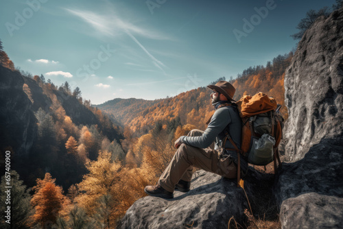 Hiker with backpack sitting on top of a mountain and enjoying the view