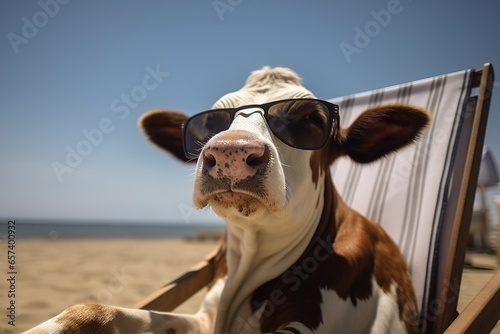 Image of a cow wearing sunglasses lying on chair on beach on a clear day. Farm animals. Illustration, Generative AI.