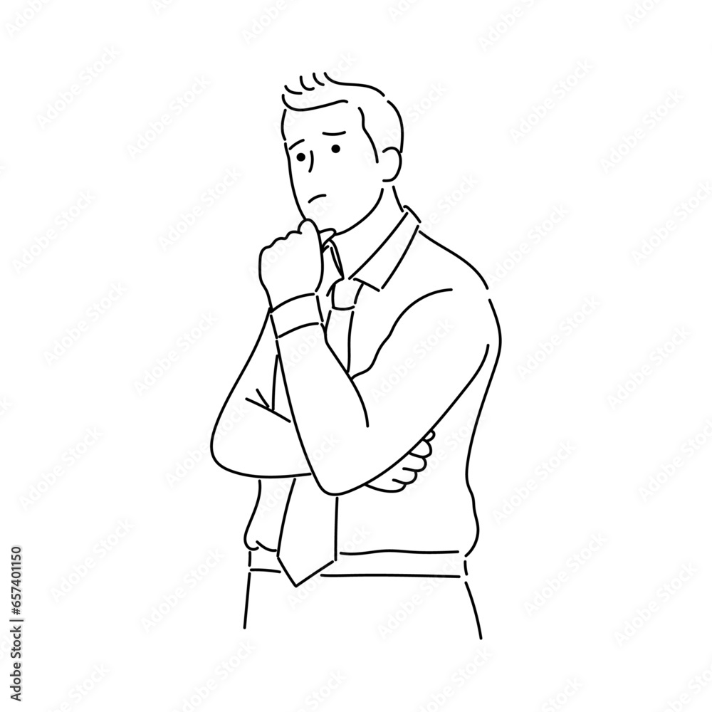 Businessman thinking. Hand drawn vector illustration in cartoon line art style.