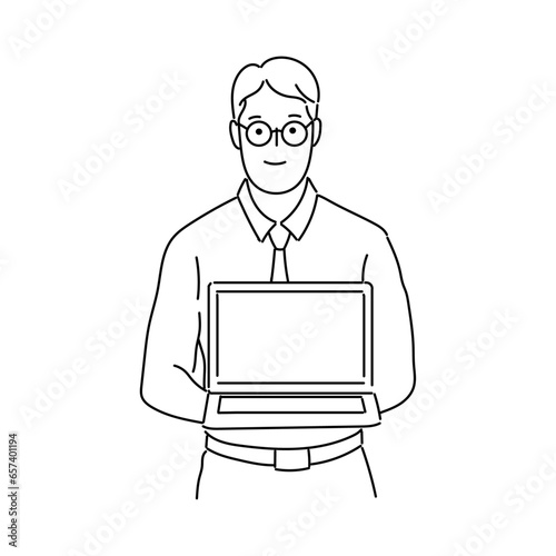 Businessman or sales man Showing blank screen Laptop icon in line art style vector illustration.