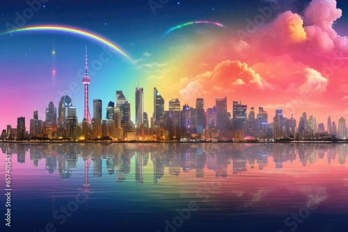 City skyline with bright colored sky