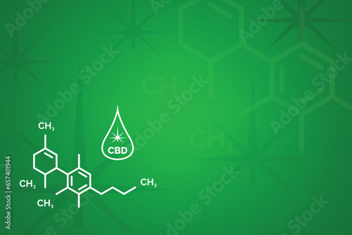Cbd background for banner, vector illustration of cannabis molecule logo isolated on green background photo