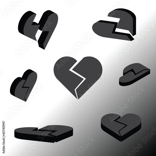 3d broken black heart with different angles, silhouette vector icon for love