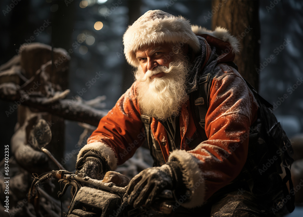Santa delivering gifts with grit. Dirt bike and snowmobile riding santa. Unorthodox santa. 