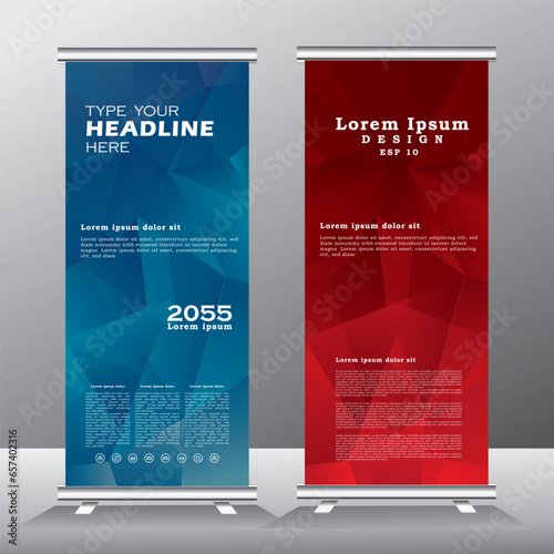 Abstract roll up banner template for your company, welcome vertical banner design, modern stand banner with blue and red color, vector eps 10