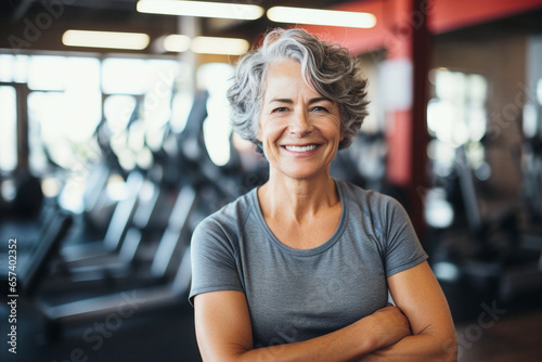 older fit woman smiling with folded arms at gym in candid portrait  