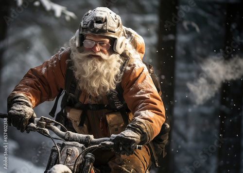 Santa delivers gifts however he needs to.  Sometimes a dirt bike is better than a sleigh.  Unorthodox Santa. 
