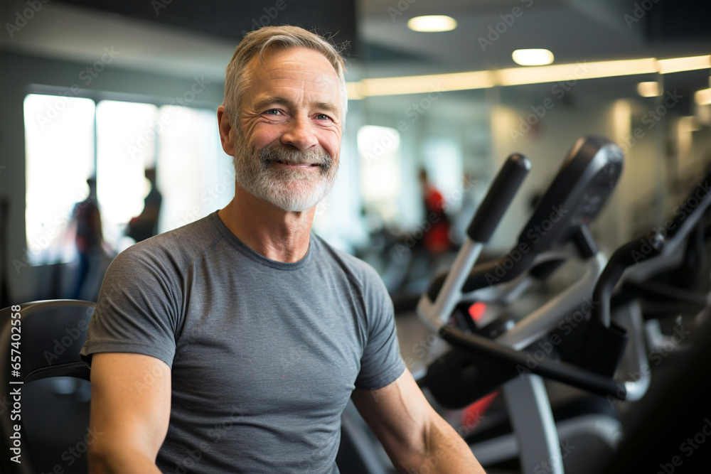 older fit man with gray beard smiling at gym in candid portrait

 - obrazy, fototapety, plakaty 