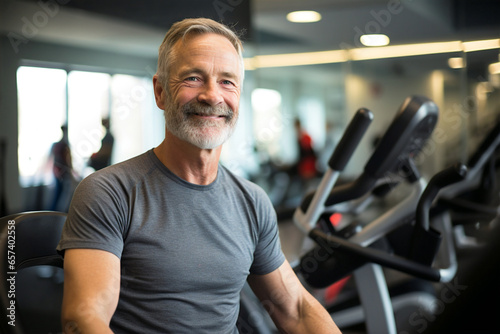 older fit man with gray beard smiling at gym in candid portrait  
