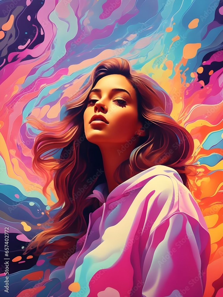 cartoon style illustration of a woman as she sees the world while experiencing hallucinations cartoon style illustration of a woman as she sees the world while experiencing hallucinations
