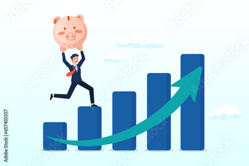 Confident businessman investor hold wealthy pink piggy bank walking up rising green arrow stock market bar graph, growth stock, prosperity economic or growth return in savings and investment (Vector)