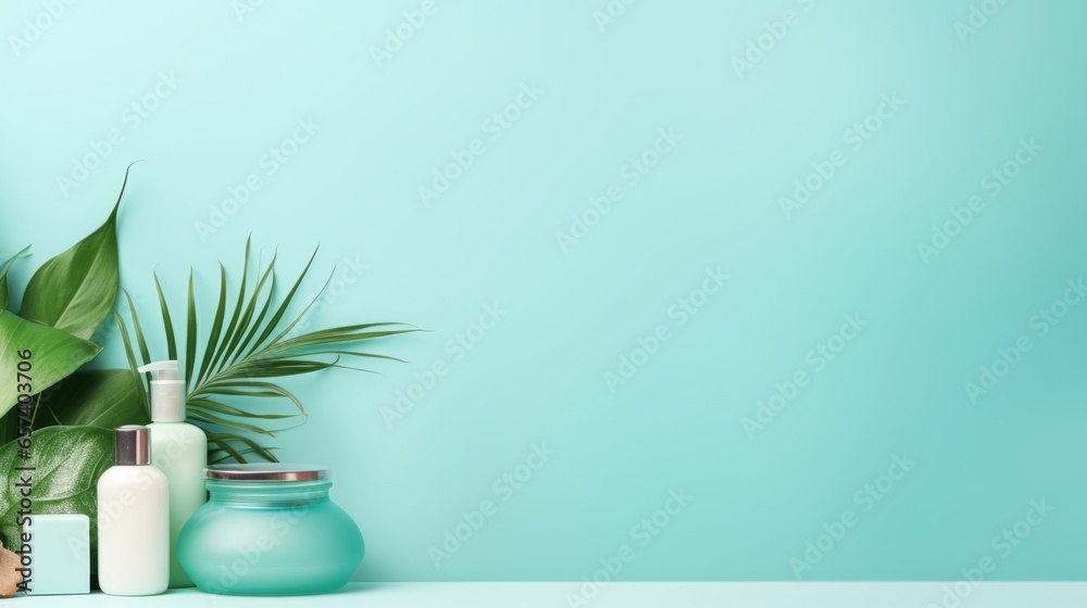 Eco-Friendly Spa & Natural Cosmetics Banner on Turquoise Background with copy space for your text