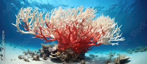 Formation of fire coral and antler coral in Rangiroa in 2012 With copyspace for text photo