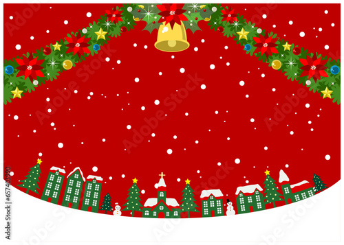クリスマス、背景、イラスト、街並み、雪、横、飾り、かわいい、ベクター、赤、ベル