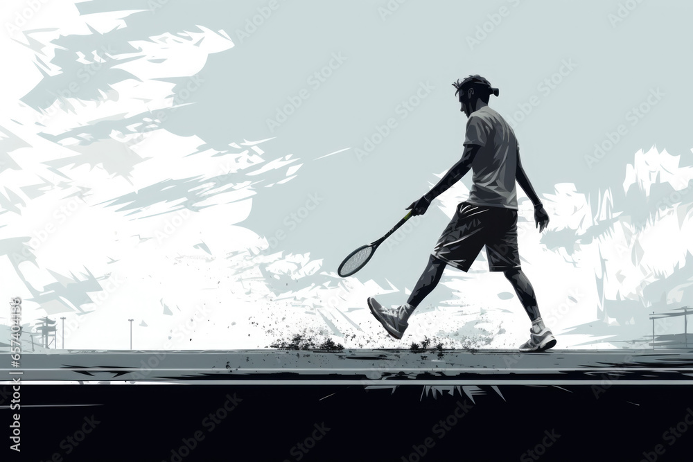 grayscale minimalist storyboard animatic style of a tennis player, sports illustrations