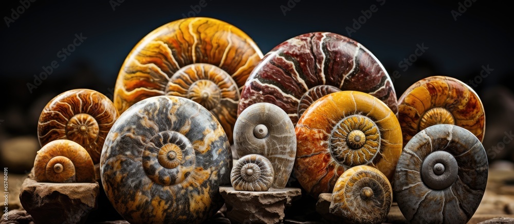 Ammonite mollusks fossilized shells With copyspace for text