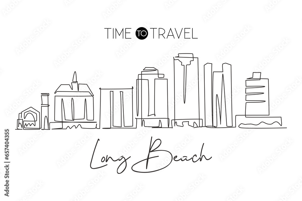 One continuous line drawing of Long Beach city skyline, California. World beautiful landscape tourism travel vacation for wall decor print. Stylish single line draw graphic design vector illustration