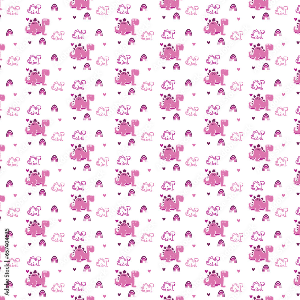 Hand drawn dinosaurs, pink heard shape.Seamless pattern. Cute dino design elements. Prints vintage design for t-shirts or any fabric. Vector illustration.
