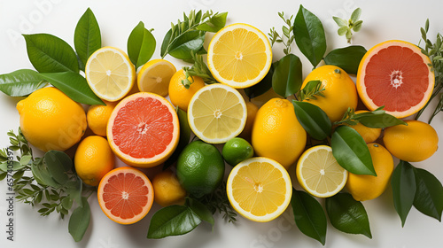 Various citrus fruits  lemon  lime  grapefruit and orange in both half and full fruit with leaves.