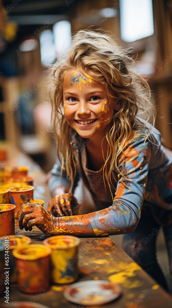 A young woman with a smile is painting, her hands and face covered in paint..