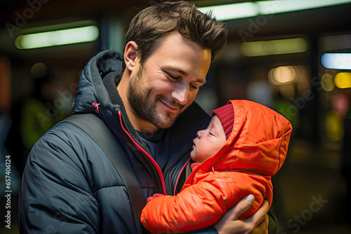 Father holding a baby in hi...
