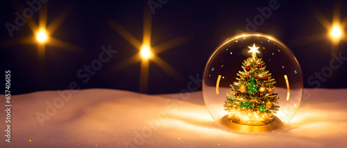 Christmas tree in a glass ball on snow with glitter lights background