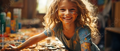 A young woman with a smile is painting, her hands and face covered in paint..