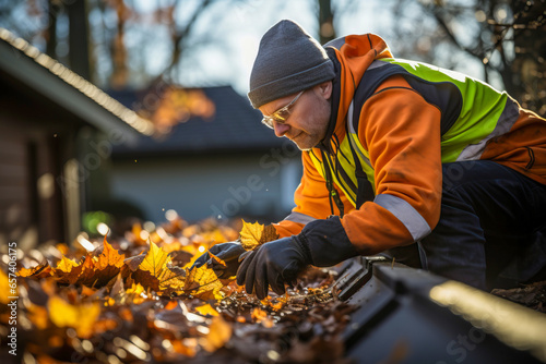 house maintenance, cleaning autumn leaves blocking the roof drainage