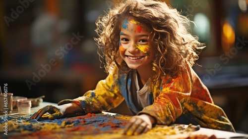 A young woman with a smile is painting  her hands and face covered in paint..