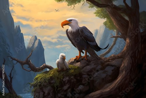 an eagle is relaxing on a cliff with its chicks illustration style photo